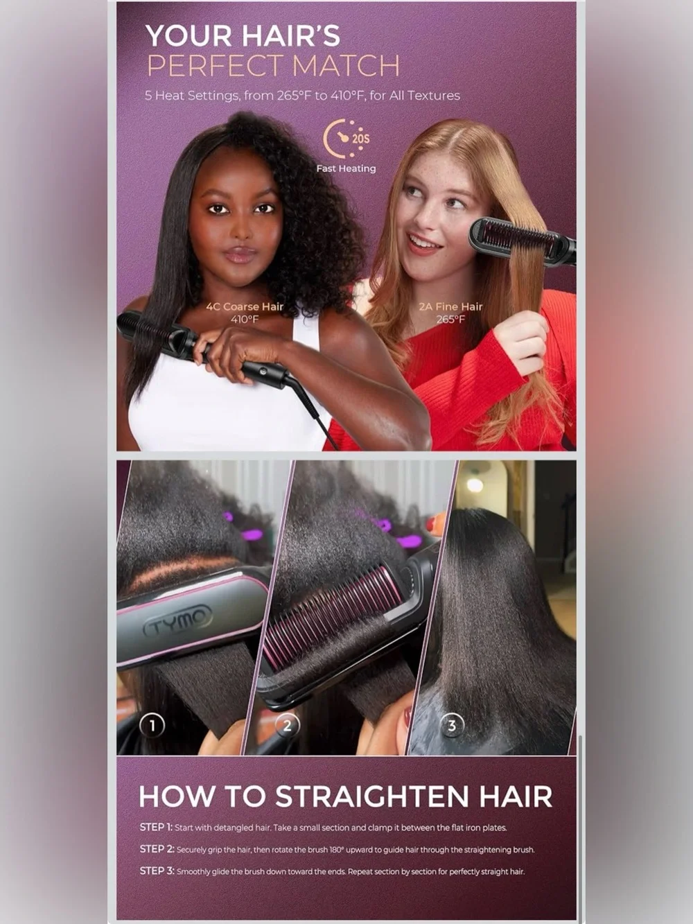TYMO Black and Pink Electric Hair Straightening Brush Set